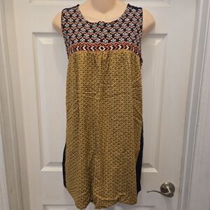 THML pattern tunic mini dress geometric embroidered top flowy Sz M boho mustard